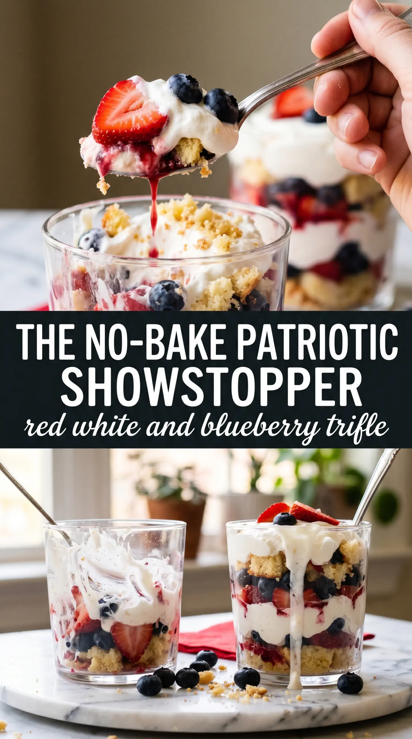 Red, White and Blueberry Trifle layered dessert, berries, whipped cream