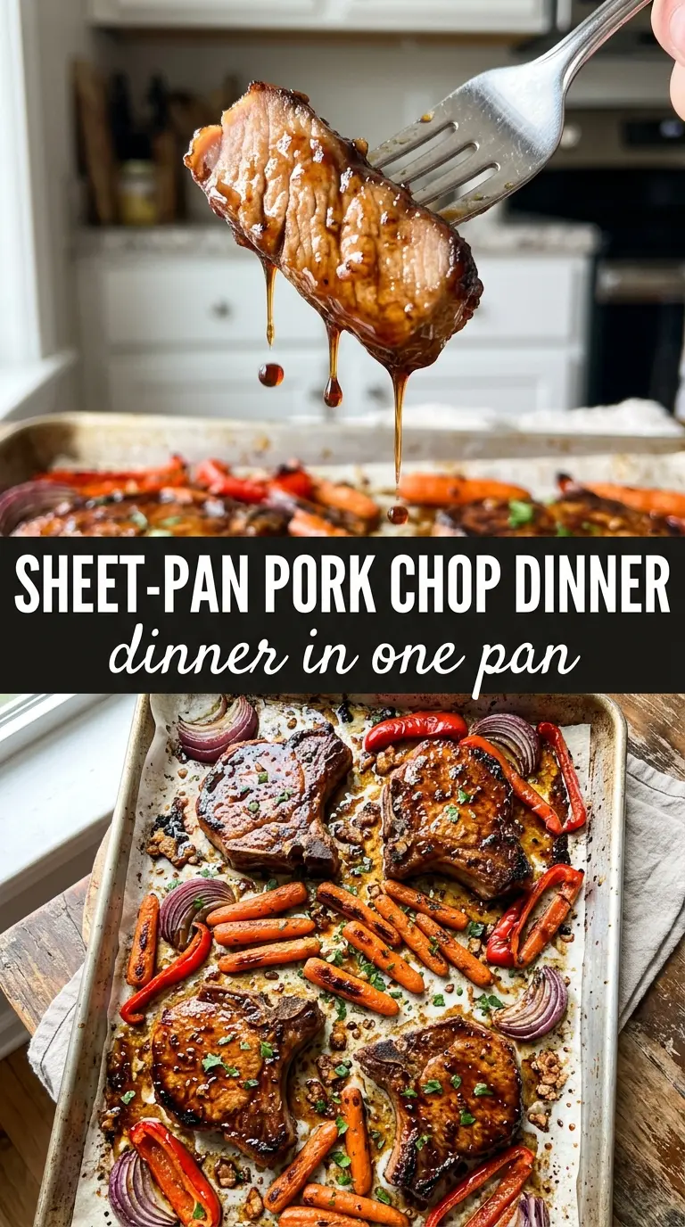 Sheet-Pan Honey-Balsamic Pork Chop Dinner caramelized pork roasted vegetables