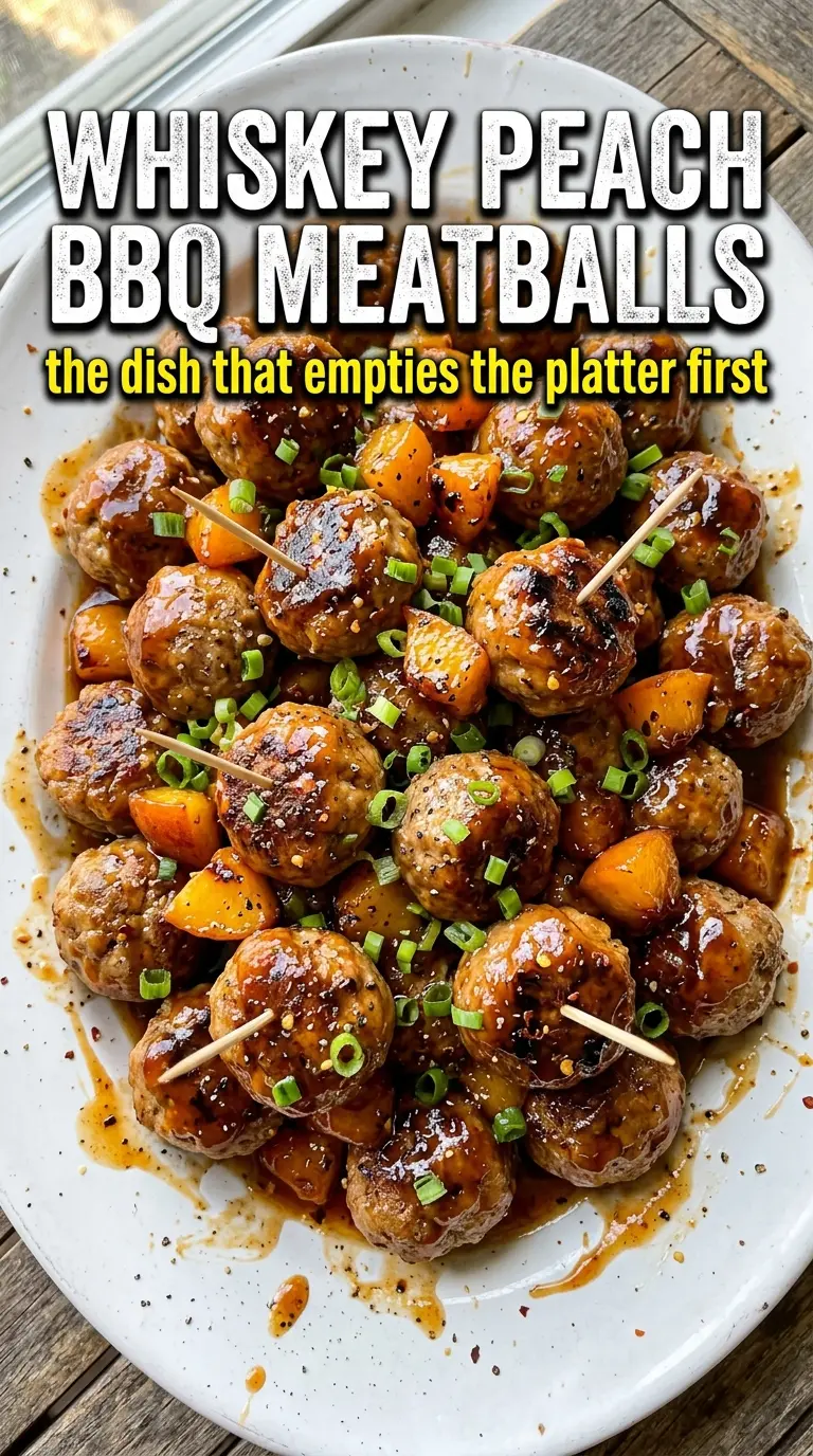 Whiskey Peach BBQ Meatballs sticky smoky glossy