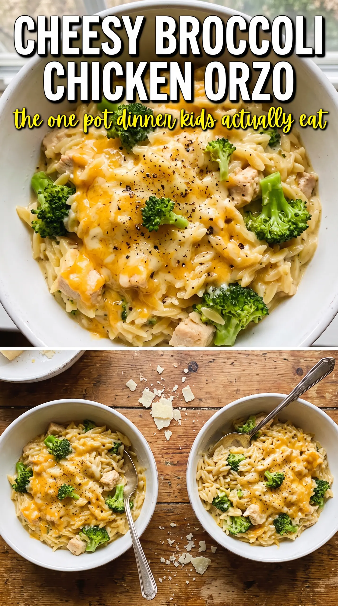 Cheesy chicken broccoli orzo creamy cheddar one-pot