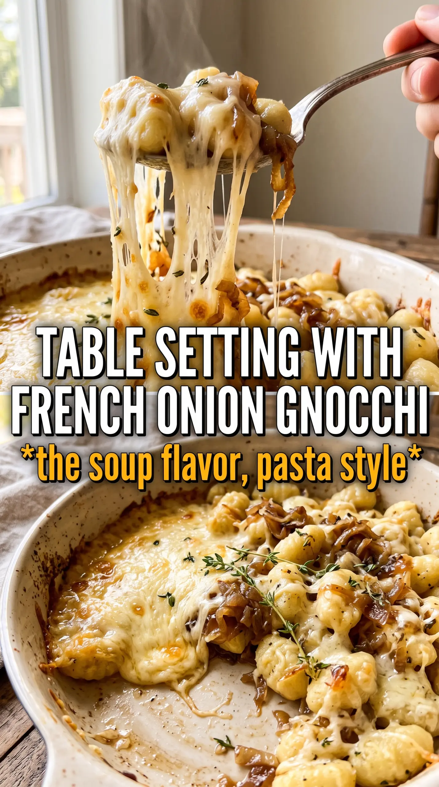 Baked French Onion Gnocchi, golden Gruyere, caramelized onions