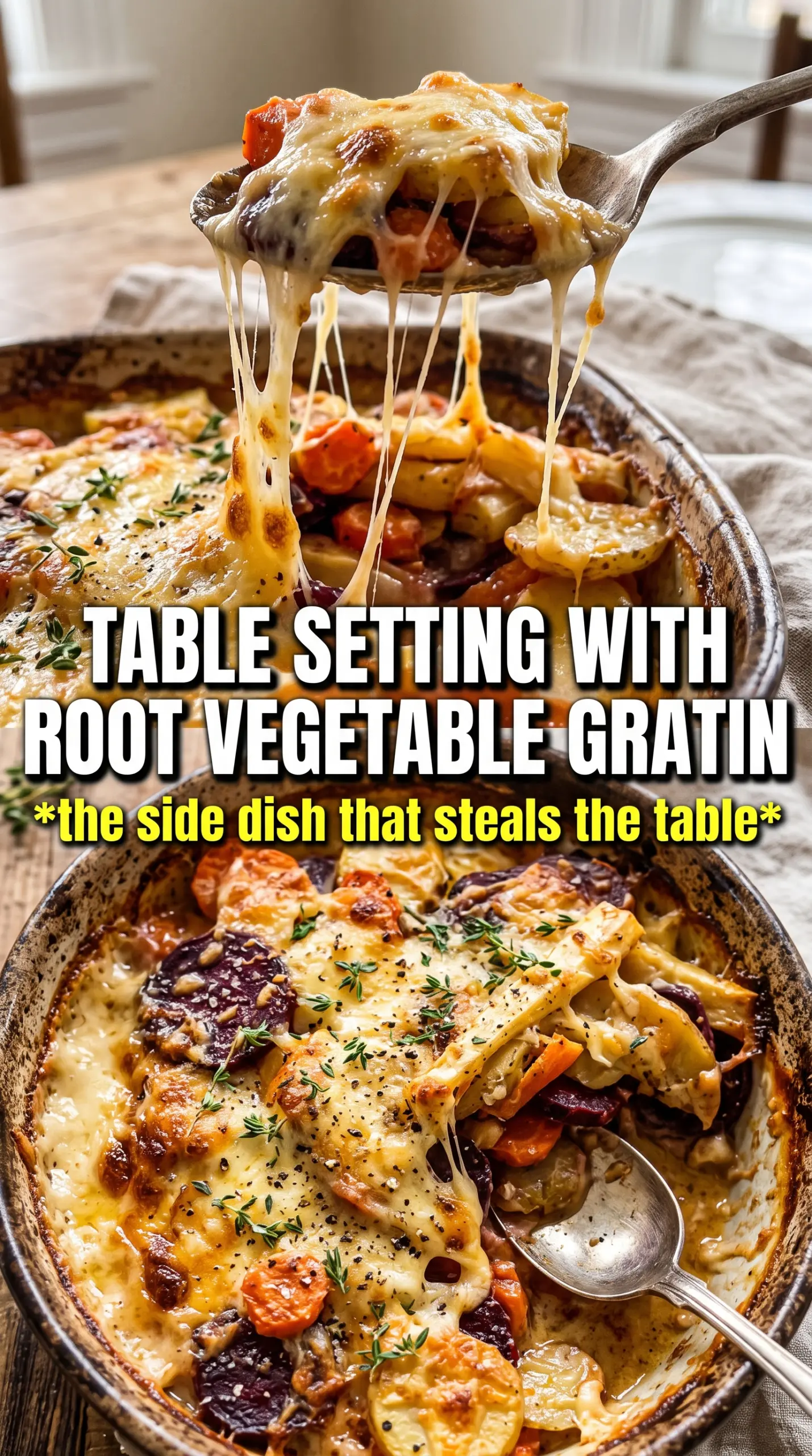 Cheesy Root Vegetable Gratin golden bubbling layers
