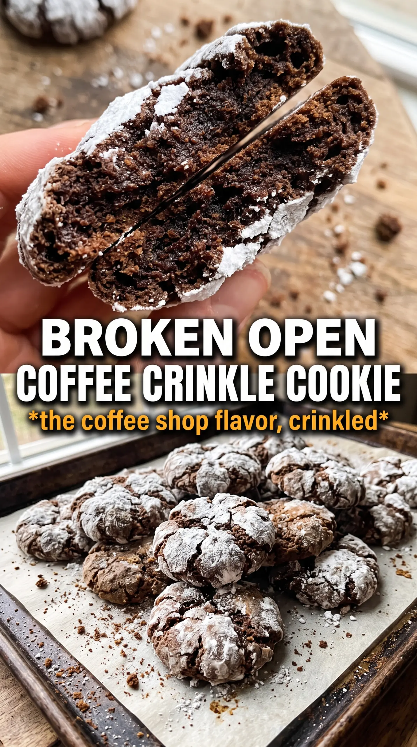 Cinnamon Coffee Crinkle Cookies crinkled, powdered sugar, espresso