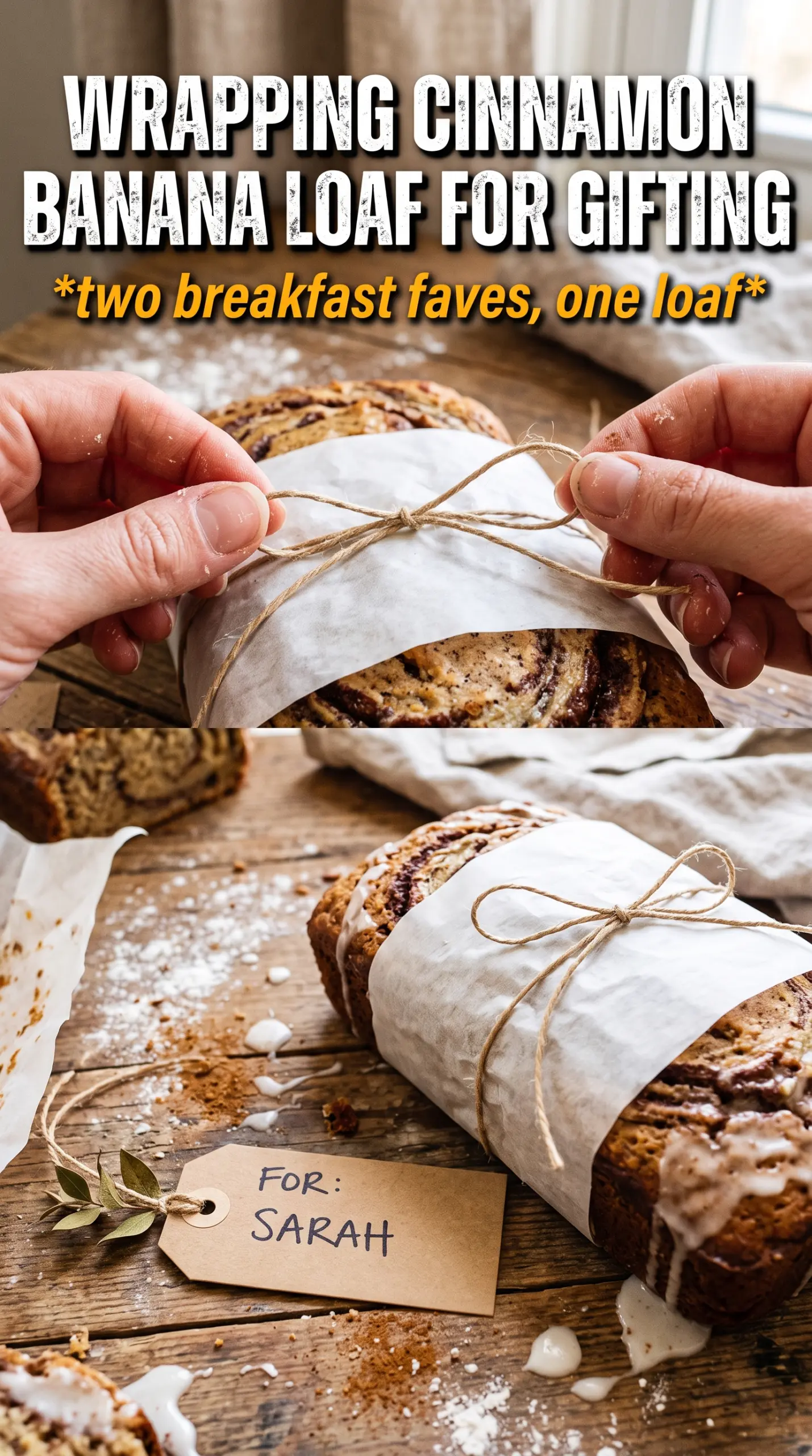 Cinnamon Roll Banana Bread with cream cheese glaze, cinnamon swirl