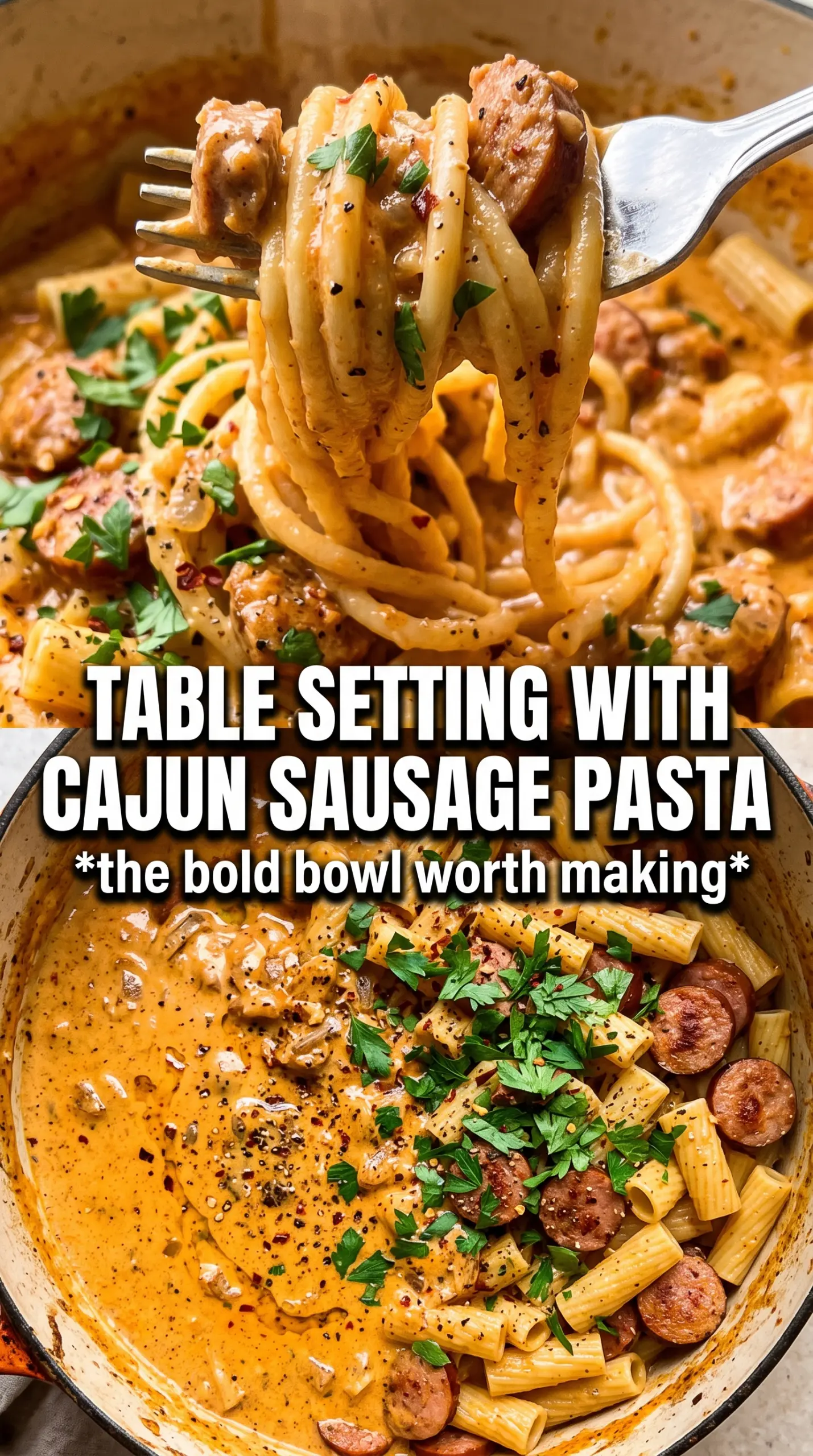 Creamy Cajun sausage pasta, spicy, saucy, colorful