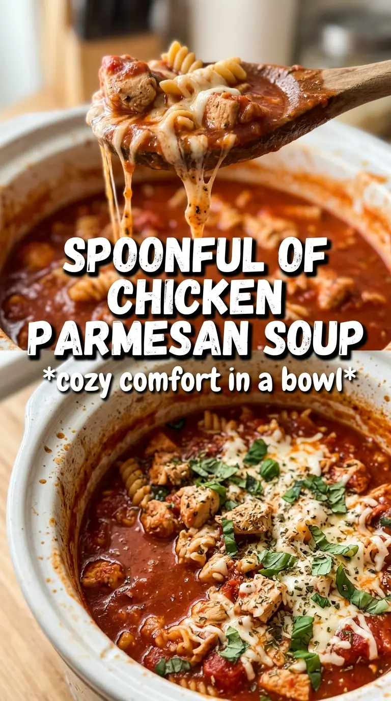 Crockpot Chicken Parmesan Soup creamy tomato broth, shredded chicken, mozzarella