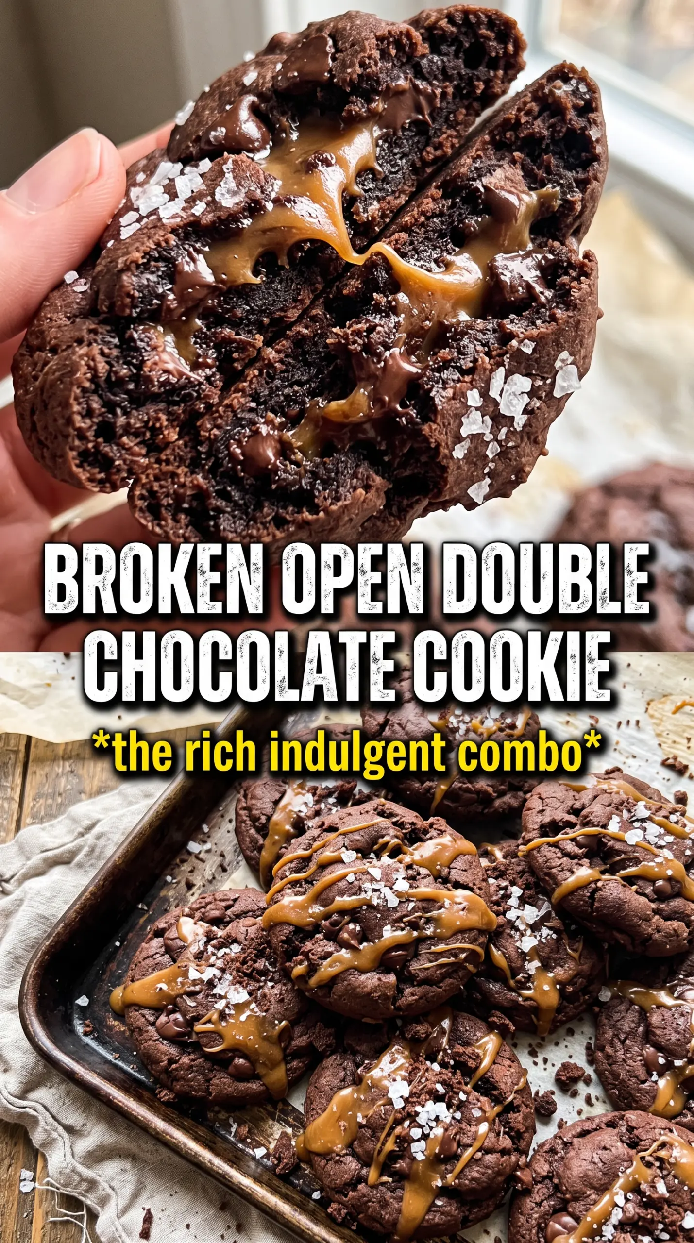 Double chocolate salted caramel cookies fudgy gooey salted