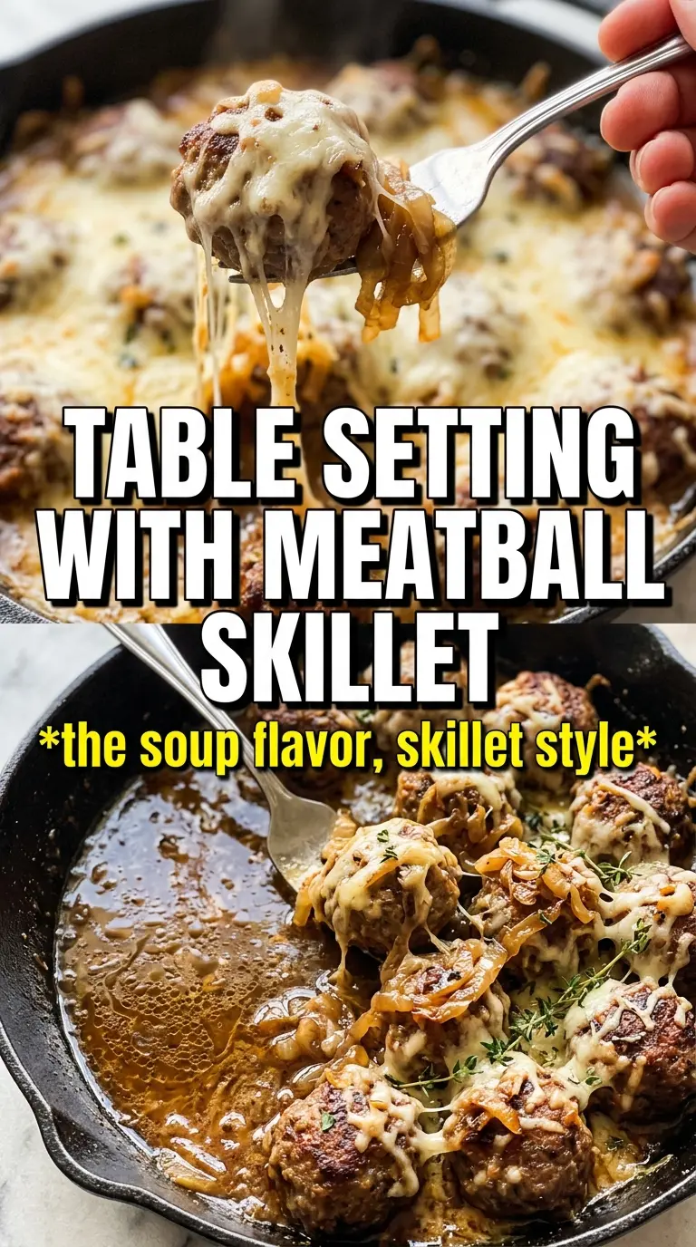 French Onion Meatball Skillet, caramelized onion, Gruyere