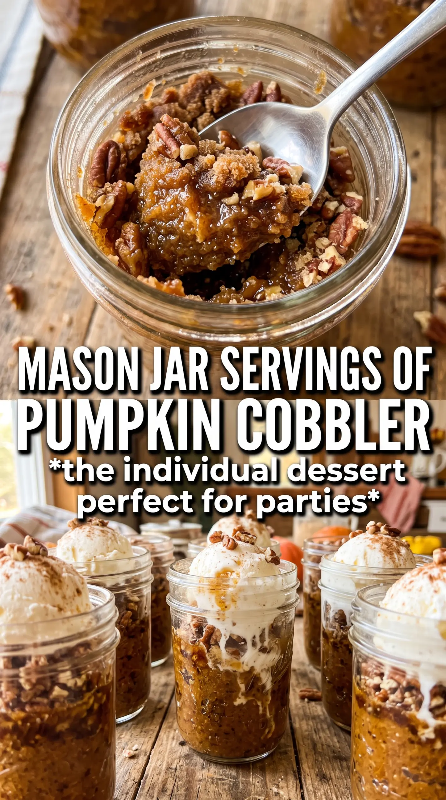 Pumpkin Pecan Cobbler with caramel sauce, pecans, and vanilla ice cream