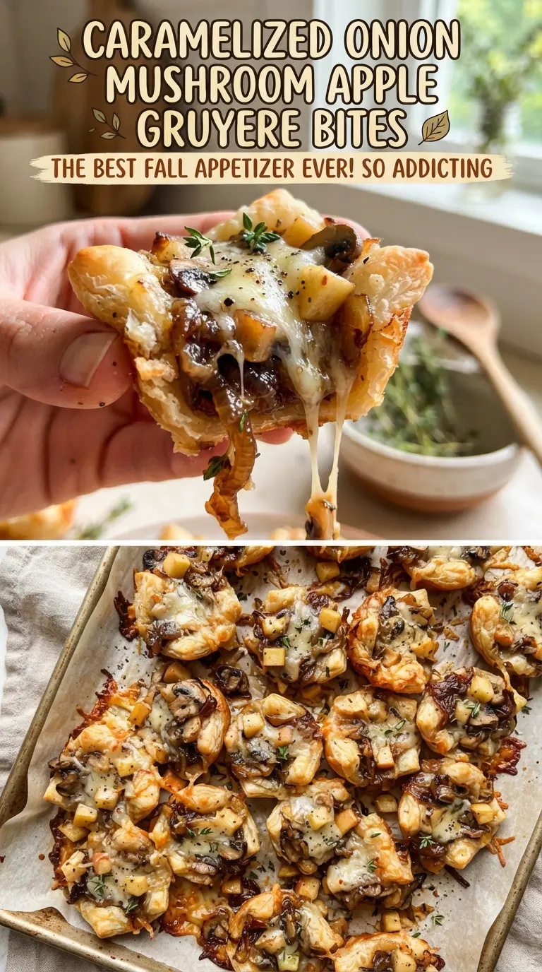 Caramelized onion mushroom apple Gruyere bites golden phyllo savory appetizer
