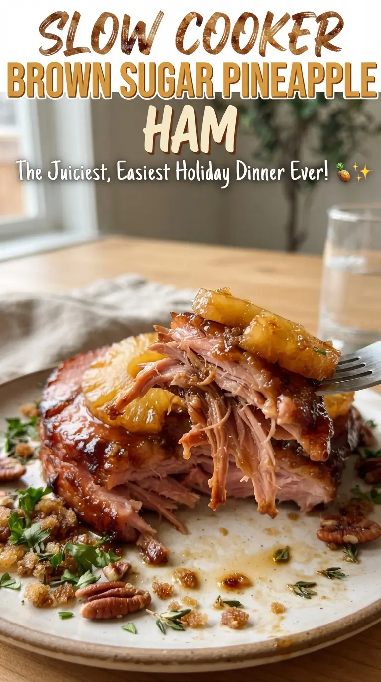 Slow Cooker Brown Sugar Pineapple Ham glossy pineapple glazed
